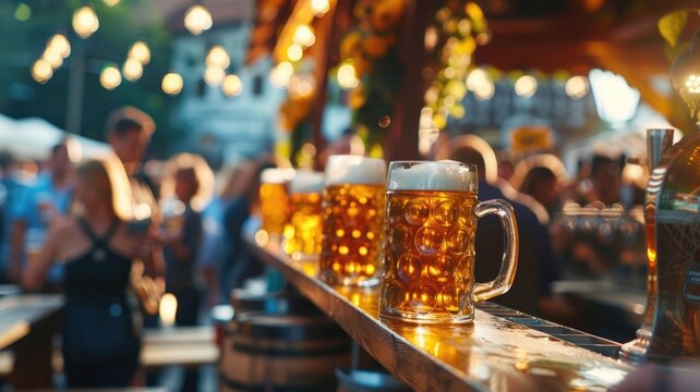 vibrant scene at an outdoor beer festival, where a bartender in traditional attire expertly pours golden beer into frothy mugs under the warm sunlight,