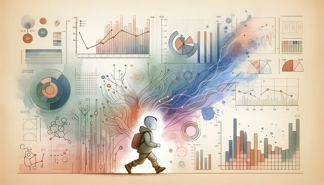 Growth stages of children, highlighting their physical, emotional, and intellectual development milestones, as well as their academic achievements and social behavior patterns over time.