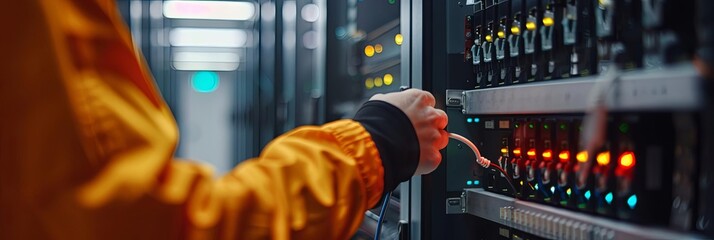 close - up of a technician's hand connecting a power cable to a server rack, with an orange wall in the background