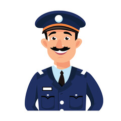 Smiling policeman character, friendly law enforcement officer, happy police man blue uniform. Cartoon police officer, mustached cop smiling, professional work uniform. Cheerful officer illustration