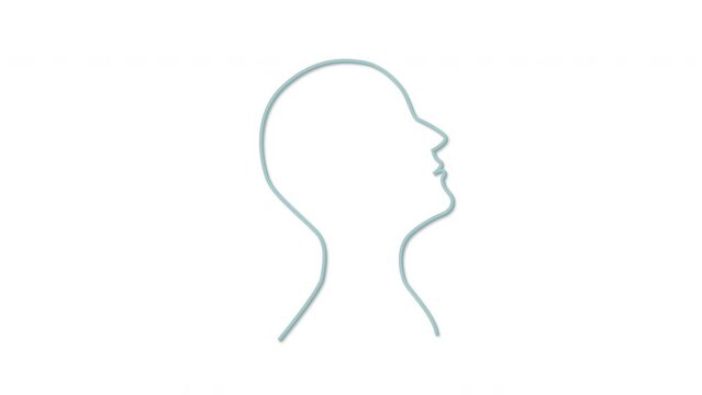 Human head outline self drawing animation. Man looking up and forward. Blue line on white background.