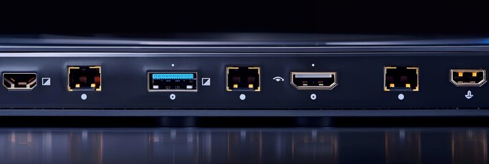 close - up of ethernet ports on a network router, with a blue reflection visible in the background - obrazy, fototapety, plakaty