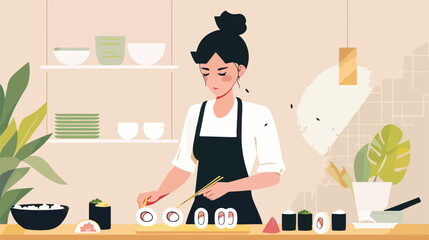 Woman preparing sushi rolls on light background close