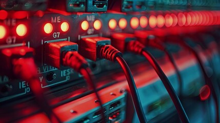 close - up of ethernet ports on a networking switch, with a red light visible in the background - obrazy, fototapety, plakaty