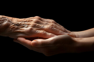 Close-up of young and elderly person holding hands as a sign of caring for seniors against black background