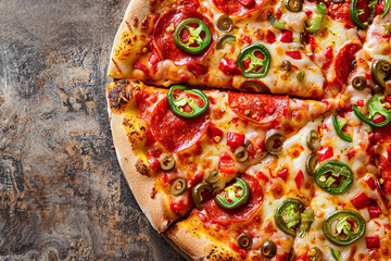 Spicy pizza with jalapenos and hot sauce vibrant reds and greens popping against a neutral background 