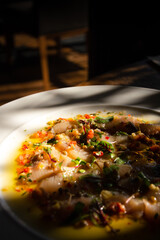 A delicious trout dish. The view from above. Trout soup.