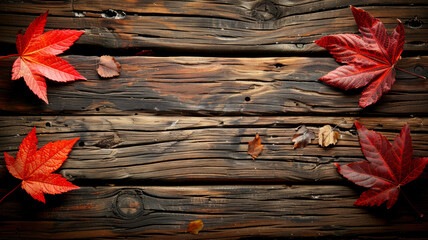 A wooden background with red leaves on it - Powered by Adobe