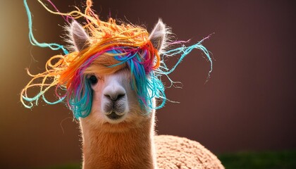 colorful photo of an disconnected alpaca with wild chaotic clever hair