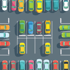 Top view parking lot full colorful cars parked neatly within lines urban setting. Plenty vehicles occupying space suggests city car park during busy hours. Flat design illustration vibrant colors © Vectorvstocker