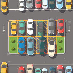 Topdown view colorful parked cars parking lot, outdoor parking spaces, driving lanes. Birdseye city illustration, vector cars rows, asphalt surface, greenery. Cartoonstyle vehicles image, traffic