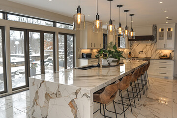 A modern kitchen island transformed into a casual dining spot with a marble countertop and high-back chairs, ideal for quick meals or casual gatherings.