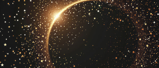 A circular frame with a golden glitter effect and stars is set against a black backdrop in a vector illustration, complete with a glowing effect.