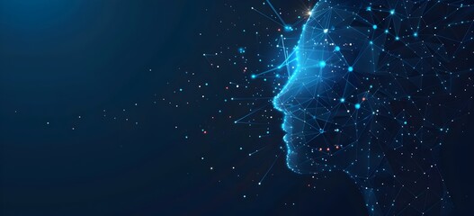 Abstract polygonal human head profile with glowing dots on a dark blue background vector illustration, in the style of artificial intelligence concept design technology and business idea