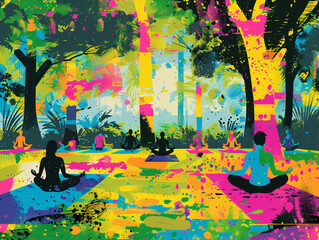 Silhouetted people practicing yoga in colorful abstract city parks. Vibrant digital art illustration. Urban wellness and health concept. Design for poster, banner, and wellness campaign