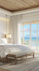 A bright and airy coastal bedroom features a large bed with white linen bedding, a neutral color palette, wooden furniture, and floor-to-ceiling windows overlooking the ocean.