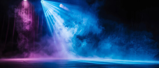 A stage with a spotlight and fog creates an atmospheric background for performances.