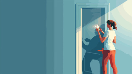 Woman using mobile phone to open door style vector