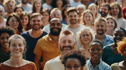 A large, diverse group of people stand together in an open space, smiling and looking at the camera against a blurred background.