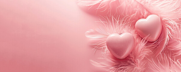 A pink background features fluffy feathers and two heart-shaped forms, creating an adorable atmosphere for Valentine's Day.