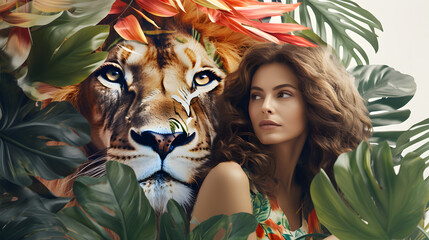 Beautiful young woman and wild animal. Girl with her beautiful lion with big mane in the jungle. Abstract composition. Illustration.