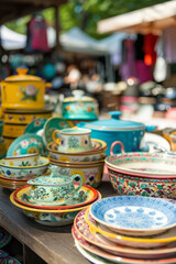Fototapeta premium A table at an outdoor garage sale is covered with colorful plates, pots, pans, and other items for sale.