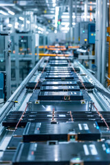 Fototapeta premium An electric vehicle battery production line is in action, with new cells on the conveyor belt and machinery working around them.