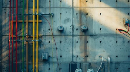 high angle view of cables running along a concrete wall
