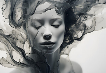 Ethereal Monochrome Portrait of a Woman with Swirling Ink Clouds