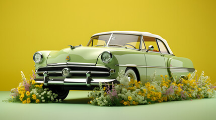 Green retro car full of fresh spring flowers on a pastel yellow background. Illustration.	