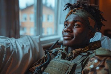 A relaxed young male soldier reclining and looking ahead, with a comfortable and content expression