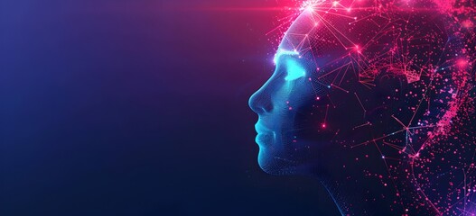 Abstract polygonal human head profile with glowing dots on a dark blue background vector illustration, in the style of artificial intelligence concept design technology and business idea