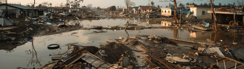 Post-Disaster Ruins and Flooded Neighborhood
Extensive ruins of a residential neighborhood submerged and devastated by a severe flooding event, highlighting the destructive power of natural disasters.