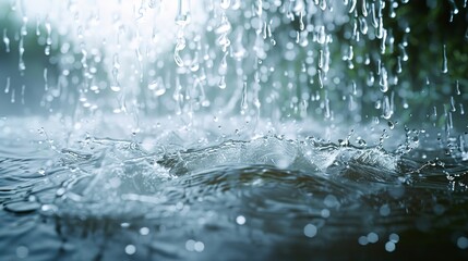 A large body of water with rain falling on it