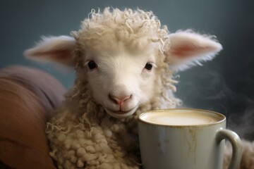 Peaceful Sheep next to the warm drink cup. Fluffy lamb at winter window view. Generate ai