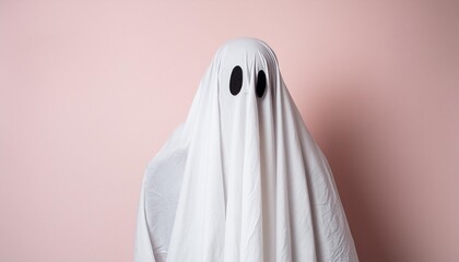 white ghost sheet costume against pastel pink background minimal halloween scary concept