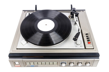 Vintage turntable record player with black vinyl
