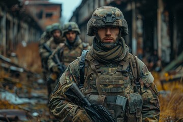 Fototapeta premium Three soldiers patrol a ruined landscape, looking vigilant and prepared for action, with visible combat gear