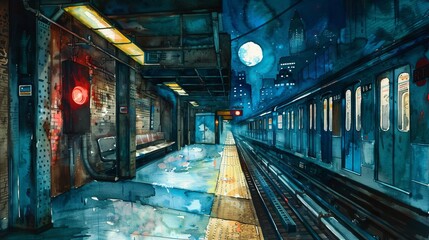 A watercolor painting of a subway station at night. The moon is full and the city lights are reflected in the puddles on the platform.