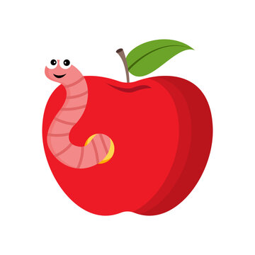 Worm with red apple flat vector design on white background