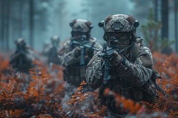 Two soldiers patrol through an autumn forest, blending with the environment in their camo outfits