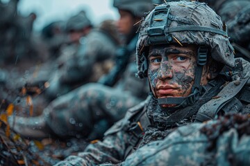 Camouflaged military personnel lie prone in wet, leaf-strewn ground, highlighting stealth and the harsh conditions of field missions