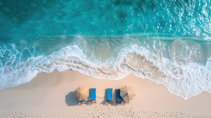 beach with umbrella, sun bed and long chairs