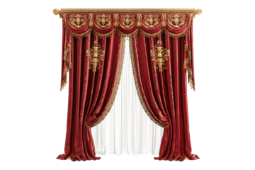Red curtain with golden ornament isolated on transparent background