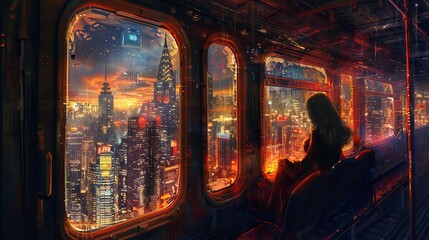 Obraz premium A young woman sits alone in a train car, looking out at the city lights