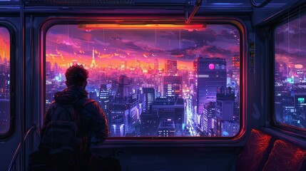 A young man gazes out the window of a train as it passes through a futuristic city