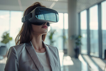 Professional businesswoman immerses herself in a virtual reality environment. Exploring advanced technology potentials within a contemporary office setting