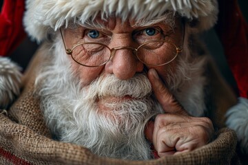 An intricate look at the textured fabrics of Santa's recognizable suit with fine details and festive colors