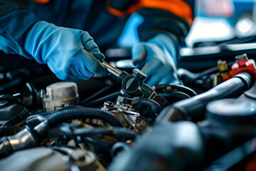 Person in Blue Gloves Working on a Car Engine