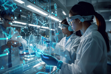 Two scientists collaborate in a high-tech laboratory, interacting with a holographic interface displaying data analysis, exemplifying cutting-edge research and technological advancement in science
